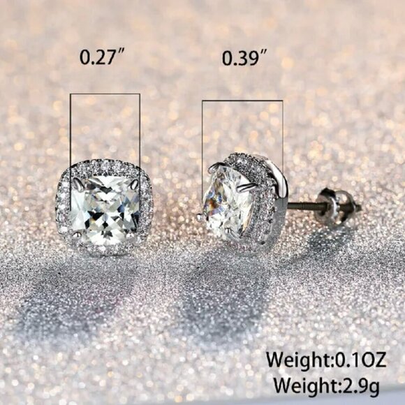 NWT Stud Earrings S925 Sterling Silver Clear Square Cushion Cut CZ Halo Setting - Picture 6 of 10